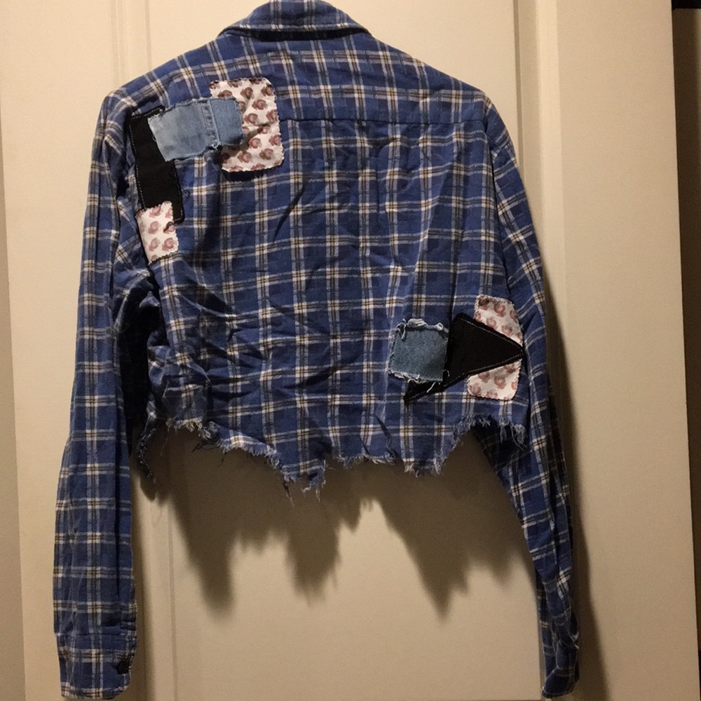 Patchwork Distress Crop Button Down Flannel Lg Sl… - image 1